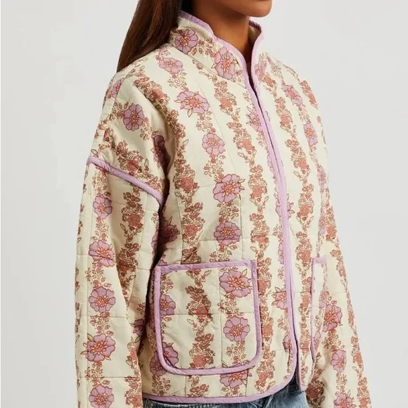 Free People Floral Quilted Puffer Jacket - Cream and Pink - Picture 1 of 4